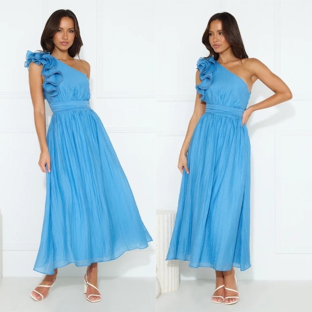 NWT HELLO MOLLY | Frill Detail Find Out One Shoulder Midi Dress Blue | Size XL - Picture 3 of 16